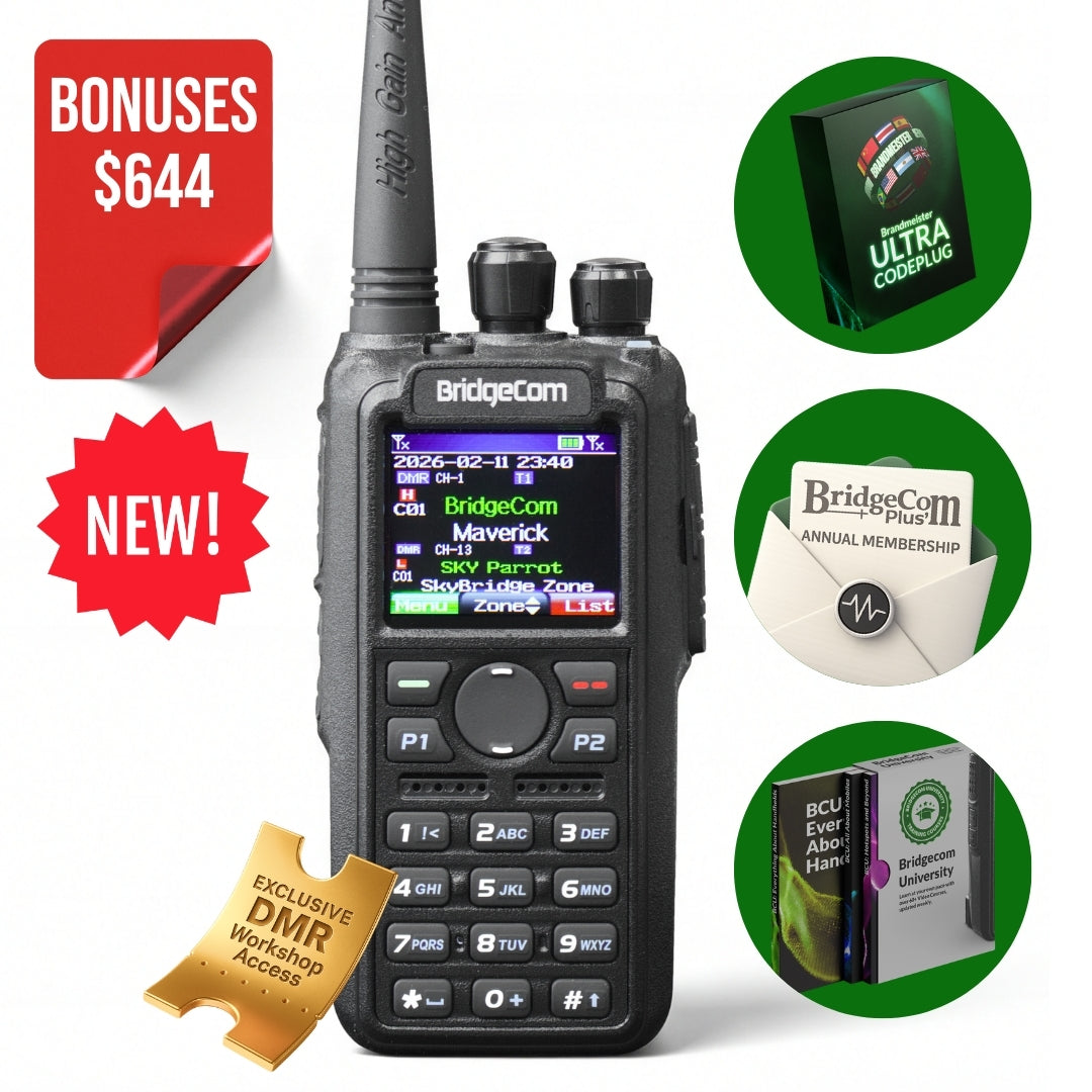 The BridgeCom Maverick Dual Band DMR/Analog Radio is shown with a long antenna next to a red "$644 Bonuses NEW!" label and images of bonus items like software, a membership card, and an app/handbook—ideal for radio enthusiasts.