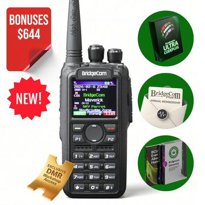 The BridgeCom Maverick Dual Band DMR/Analog Radio is shown with a long antenna next to a red "$644 Bonuses NEW!" label and images of bonus items like software, a membership card, and an app/handbook—ideal for radio enthusiasts.