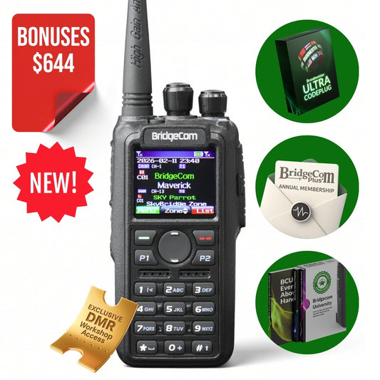 The BridgeCom Maverick Dual Band DMR/Analog Radio is shown with a long antenna next to a red "$644 Bonuses NEW!" label and images of bonus items like software, a membership card, and an app/handbook—ideal for radio enthusiasts.