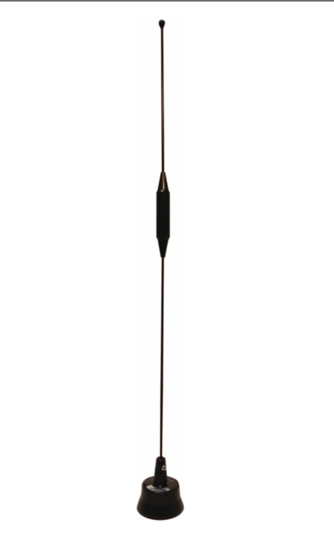 A black NMO Antenna 150-450-800 Triband commercial antenna featuring a vertical design with a base, a long thin rod, and a thicker central section—suitable for use across multiple ham bands—shown against a plain white background.