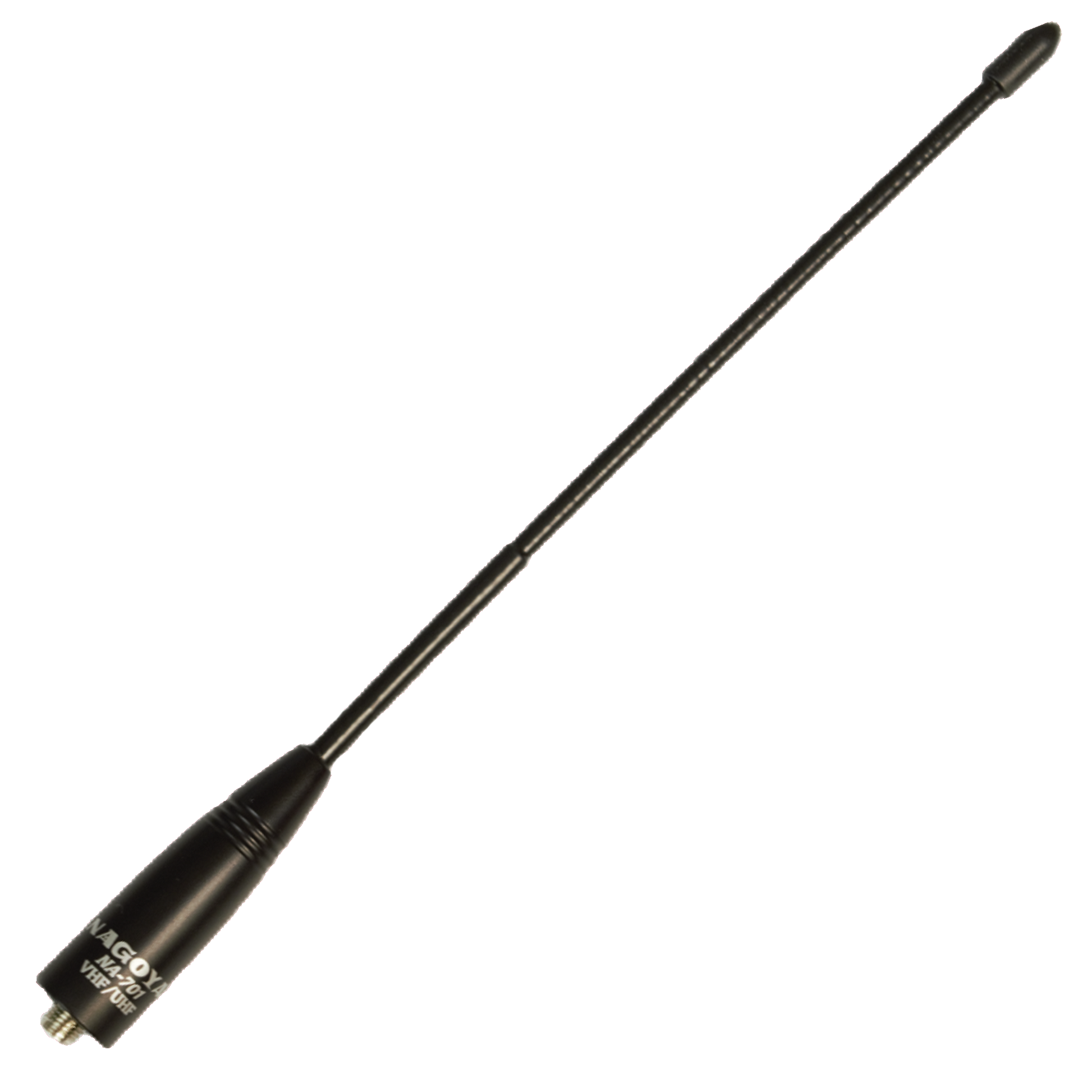 A black antenna with a long, slender body and a screw base connector at the bottom. Slightly flexible and designed for enhanced signal reception, the Nagoya NA-771 fits perfectly within your Handheld Accessories Kit. Text on the base reads "NAGOYA NA-771.