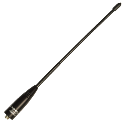 A black antenna with a long, slender body and a screw base connector at the bottom. Slightly flexible and designed for enhanced signal reception, the Nagoya NA-771 fits perfectly within your Handheld Accessories Kit. Text on the base reads "NAGOYA NA-771.