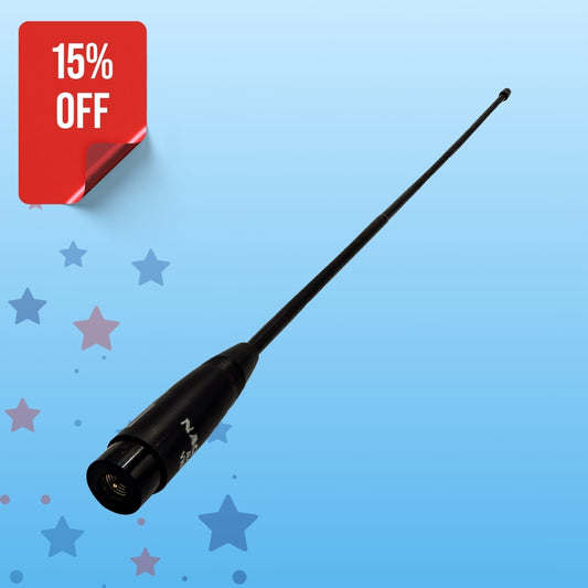 A Genuine Nagoya NA-771 15.6-Inch Whip VHF/UHF (144/430Mhz) Female Antenna is shown on a blue background with red and blue stars, featuring a "15% OFF" red sticker in the top left corner to highlight this radio antenna upgrade.