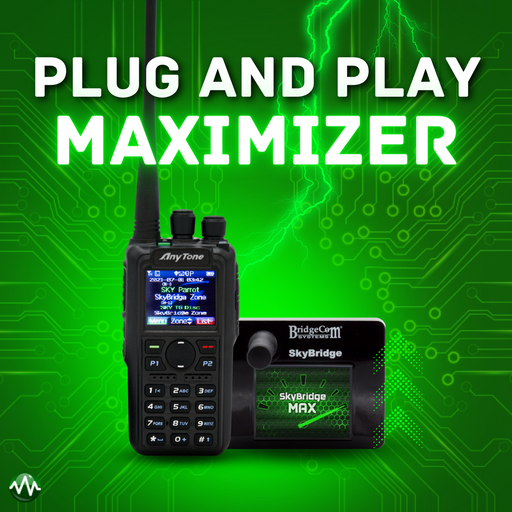 A promotional image showcasing a handheld radio device and a small electronic box labeled "SkyBridge Max" set against a green circuit board backdrop with lightning graphics. The bold text "Plug and Play MAXimizer" is prominently featured above the devices, making it an ideal addition for any ham radio enthusiast.