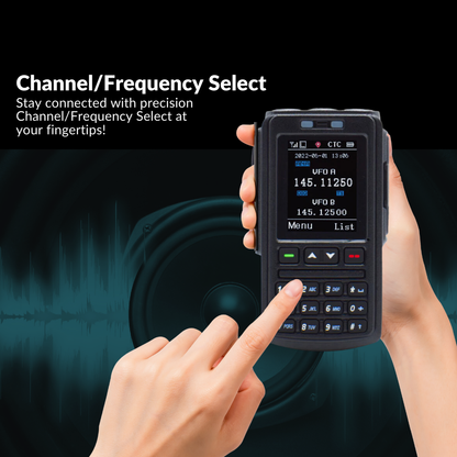 A hand holds an AnyTone AT-D578UVIII Plus Mobile Deal, pressing a keypad button. The display shows channels and frequencies. Above, text reads “Channel/Frequency Select” with a sound wave graphic in the background.