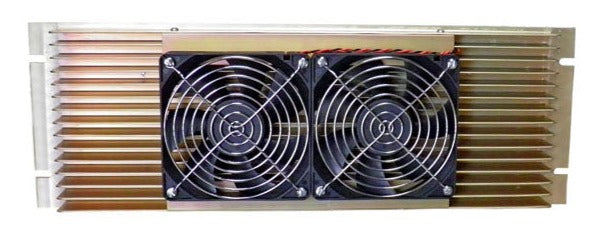 A rectangular electronic cooling component with two black square fans side-by-side, housed in a beige heatsink with horizontal metal fins. Designed for Henry Radio 220 MHz 1.25m Band Amplifiers, the fans have protective grilles and visible wiring at the top.