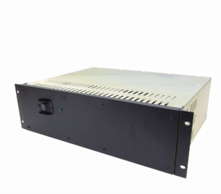 The RLP-6048M Rack Mount 60A Power Supply features a durable metal rackmount chassis with a black front panel, power switch, indicator light, and side ventilation slots, designed for high-demand 3kW power applications.