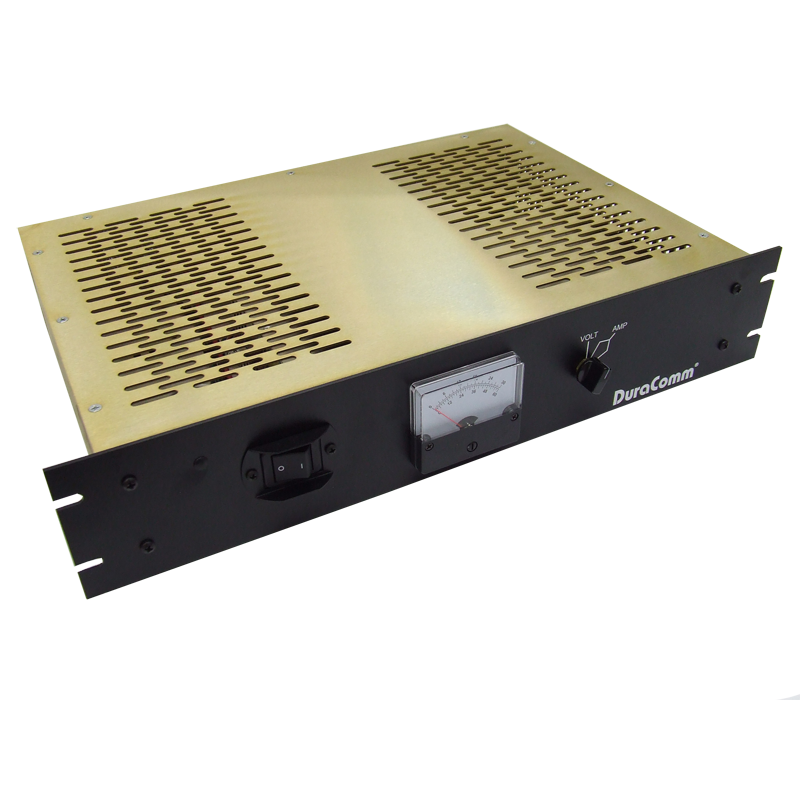 The RLP-4012 power supply, sporting a black front panel, includes an analog metered display voltage meter. It features ventilation grilles on the top, a power switch on the left side, and a voltage adjustment knob on the right. The unit also comes with mounting brackets for rack installation and supports auto-ranging input voltage.