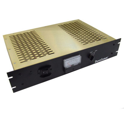 The RLP-4012 power supply, sporting a black front panel, includes an analog metered display voltage meter. It features ventilation grilles on the top, a power switch on the left side, and a voltage adjustment knob on the right. The unit also comes with mounting brackets for rack installation and supports auto-ranging input voltage.