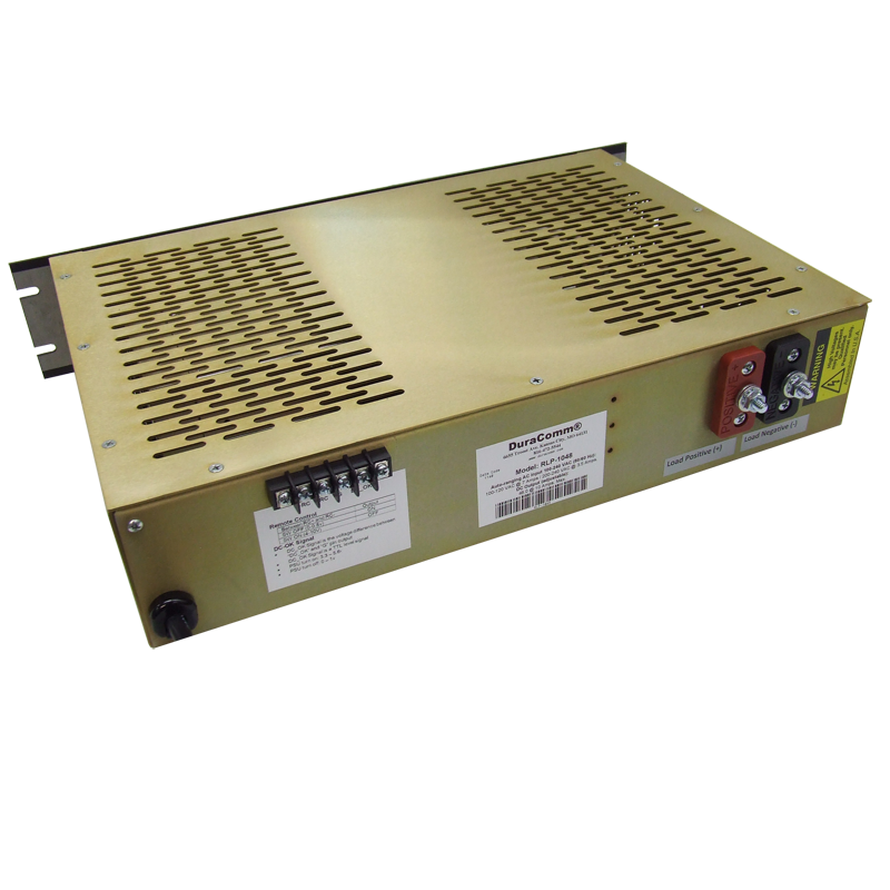 The RLP-4012 is a rectangular, metallic power supply unit equipped with ventilation slots on the top. It features a metered display and supports auto-ranging input voltage. Various connectors and terminals, including red and black ones, are situated on one side along with a "DuraComm" label. The unit also includes safety warnings.