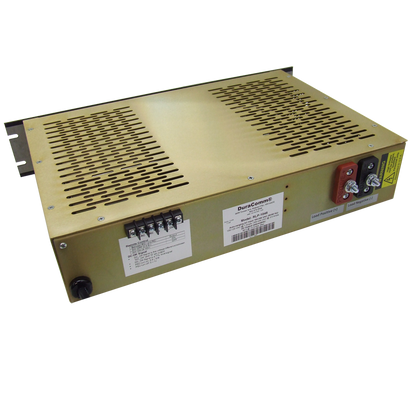 The RLP-4012 is a rectangular, metallic power supply unit equipped with ventilation slots on the top. It features a metered display and supports auto-ranging input voltage. Various connectors and terminals, including red and black ones, are situated on one side along with a "DuraComm" label. The unit also includes safety warnings.