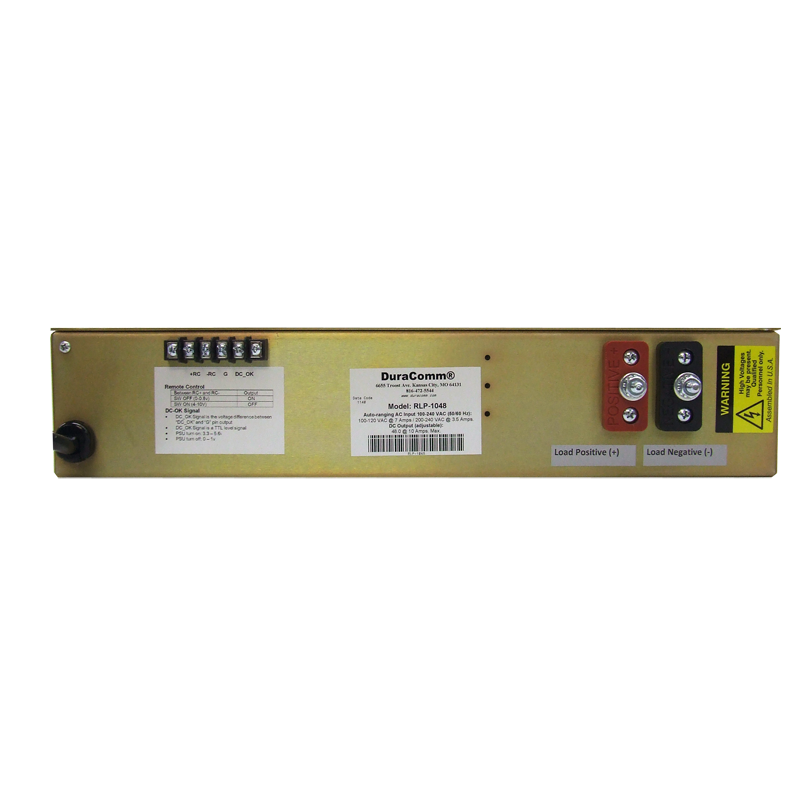 The DuraComm RLP-4012 is a rectangular electronic device featuring connection terminals and clearly labeled components on its front panel. The label displays the model name, "DuraComm RLP-4012," along with detailed specifications. This device includes auto-ranging input voltage, warning labels, positive and negative load terminals, a metered display, and a power switch.