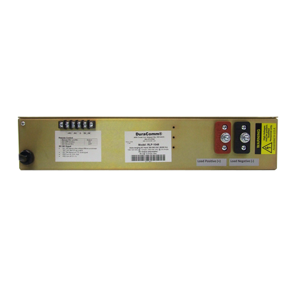 The DuraComm RLP-4012 is a rectangular electronic device featuring connection terminals and clearly labeled components on its front panel. The label displays the model name, "DuraComm RLP-4012," along with detailed specifications. This device includes auto-ranging input voltage, warning labels, positive and negative load terminals, a metered display, and a power switch.