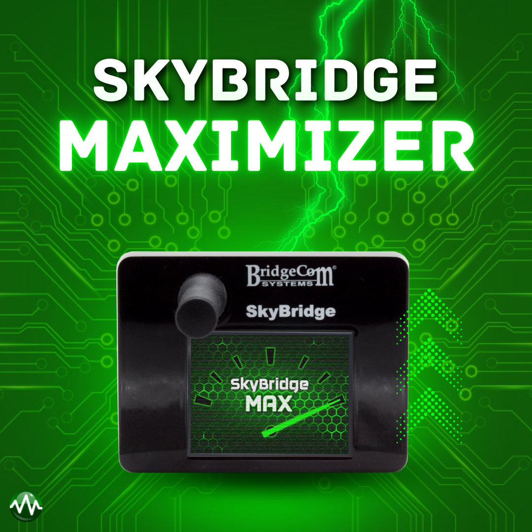 The image showcases a device labeled "SkyBridge" with a screen displaying "SkyBridge MAX," set against a green circuit board background. At the top, the text reads "SkyBridge MAXimizer." This high-performance tool from BridgeCom Systems is ideal for enhancing ham radio operations, complete with a dynamic lightning graphic.