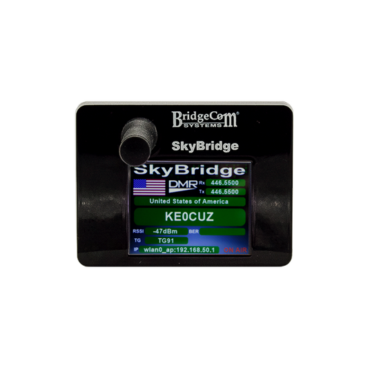 A SkyBridge MAX Hotspot with a display shows DMR info, callsign KEO3CUZ, signal strength, channel TG91, and network status. The device features a black casing and a rotary knob on the left.