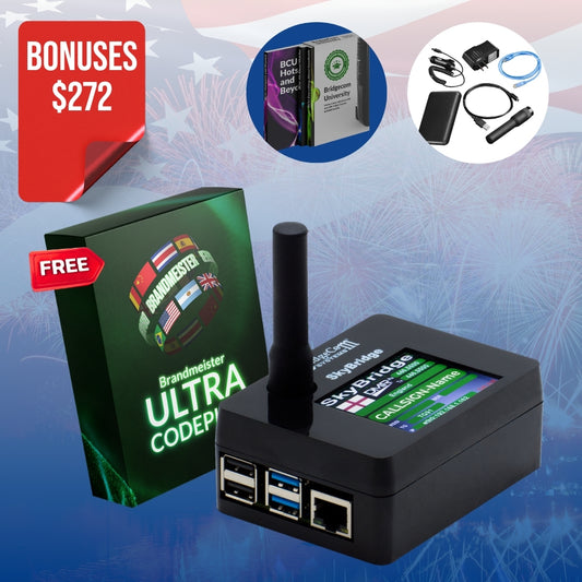 The SkyBridge MAX Hotspot, a digital radio device with screen, USB ports, and antenna, is shown with packaging. Bonus items include cables, power adapter, book, badge, and a $272 plug-and-play solution offer.