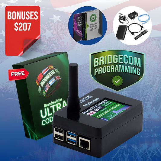 The SkyBridge MAX Plug and Play Upgrade, a black digital radio with a small screen and antenna, is displayed with bonus coding guides and accessories. The backdrop shows an American flag, fireworks, and text promoting $207 in bonuses.