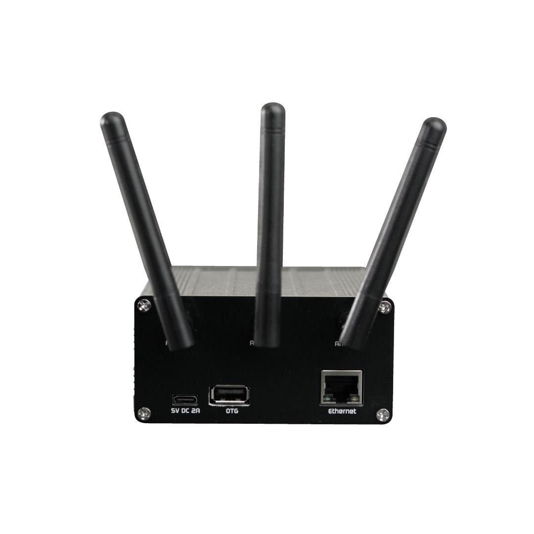 The BlueSky Amateur Private DMR UHF Network Duplex Hotspot—a compact black device with three vertical antennas, USB-C, USB-A, and Ethernet ports on the front—ideal for your private communication network, set against a white background.