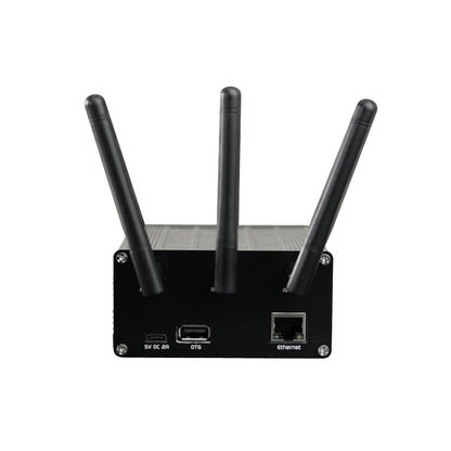 The BlueSky Amateur Private DMR UHF Network Duplex Hotspot—a compact black device with three vertical antennas, USB-C, USB-A, and Ethernet ports on the front—ideal for your private communication network, set against a white background.