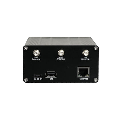 The BlueSky - Amateur Private DMR UHF Network Duplex Hotspot is a sleek black device with three labeled antenna ports (UHF, Wi-Fi, UHF), USB-C power input, USB and Ethernet ports—perfect for DMR or private communication networks.