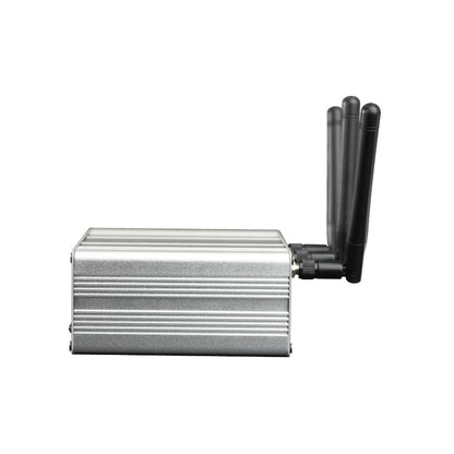 The BlueSky - Amateur Private DMR UHF Network Duplex Hotspot is a silver device with three black antennas, shown in side view—perfect for private communication or connecting to a DMR network.