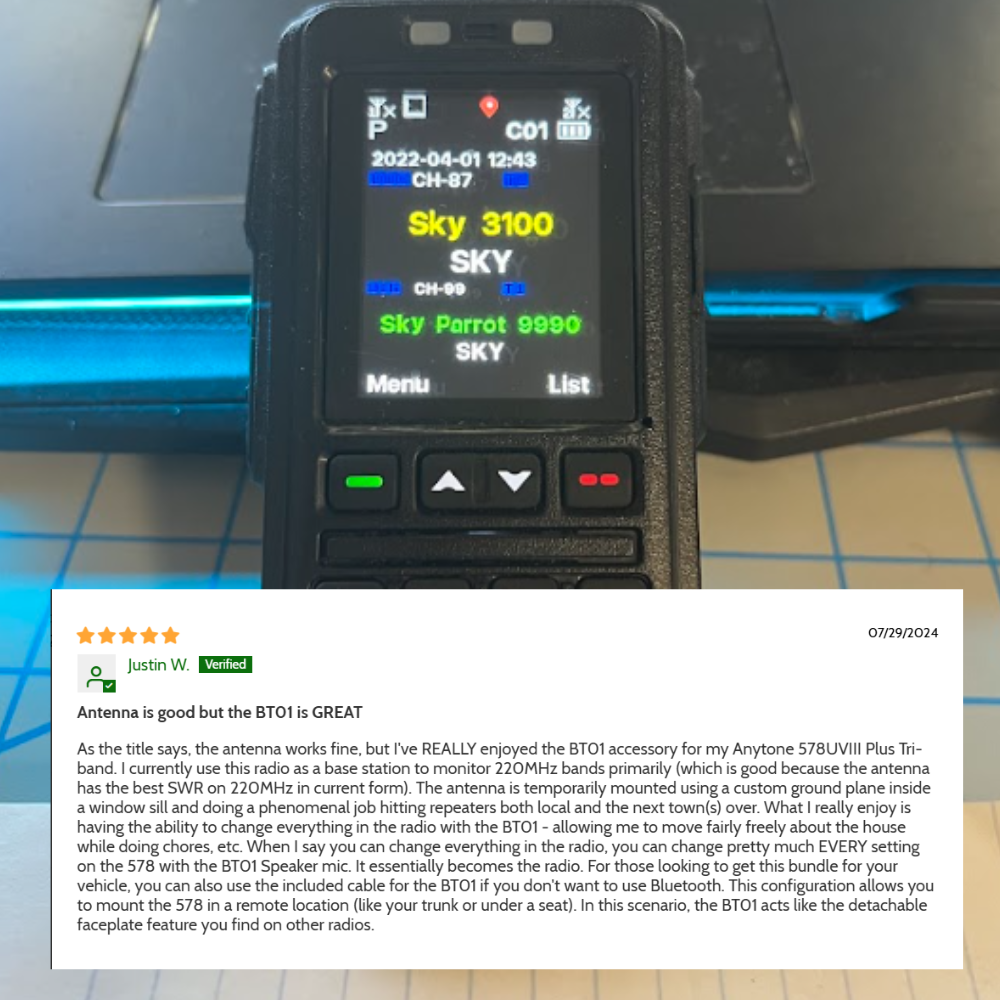 A close-up of the AnyTone AT-D578UVIII Plus Mobile Deal shows its frequency display. Below, a 5-star review praises the BT01 accessory for enabling effective remote operation with DMR Mobile accessories.