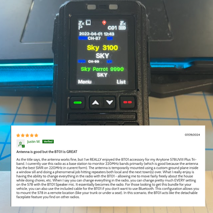 A close-up of the AnyTone AT-D578UVIII Plus Mobile Deal shows its frequency display. Below, a 5-star review praises the BT01 accessory for enabling effective remote operation with DMR Mobile accessories.