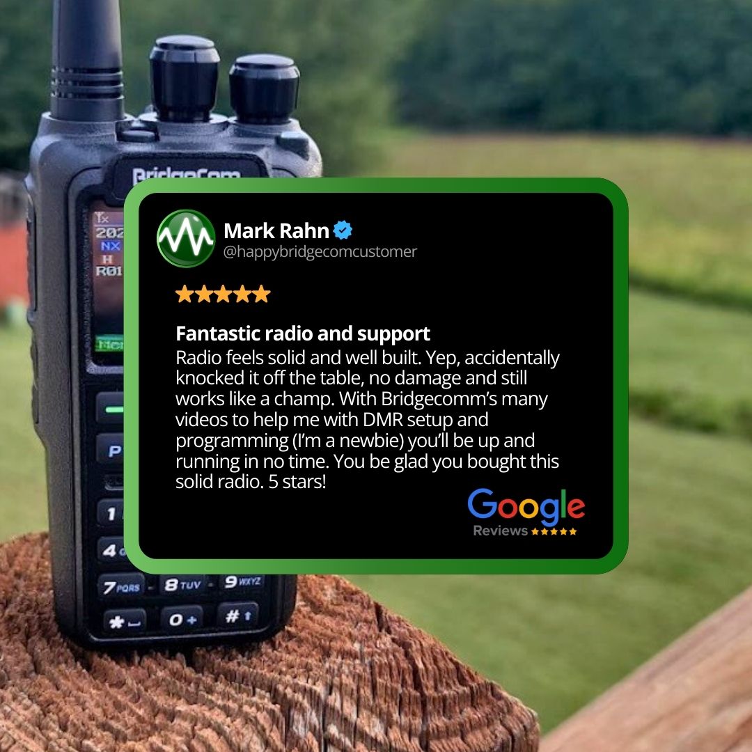 A BridgeCom Maverick Dual Band DMR/Analog Ham Radio is shown outdoors on wood with grass in the background. An overlaid review highlights its durability, DMR setup support, Airband receive feature, and gives it 5 stars on Google Reviews.