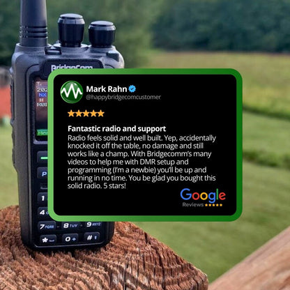A BridgeCom Maverick Dual Band DMR/Analog Ham Radio is shown outdoors on wood with grass in the background. An overlaid review highlights its durability, DMR setup support, Airband receive feature, and gives it 5 stars on Google Reviews.