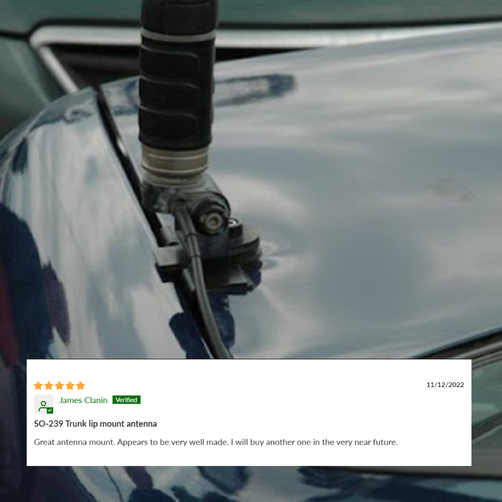 A close-up of an AnyTone AT-D578UVIII Plus Bundle installed on a car trunk, with a review below praising its quality for ham radio use and the reviewer stating they plan to buy it again.