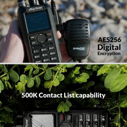 Two images: The first shows a hand holding the AnyTone AT-D878UVII Plus with "AES256 Digital Encryption" text. The second features this dual-band DMR/Analog handheld on greenery with "500K Contact List capability" text. Includes $97 Training Course FREE!.