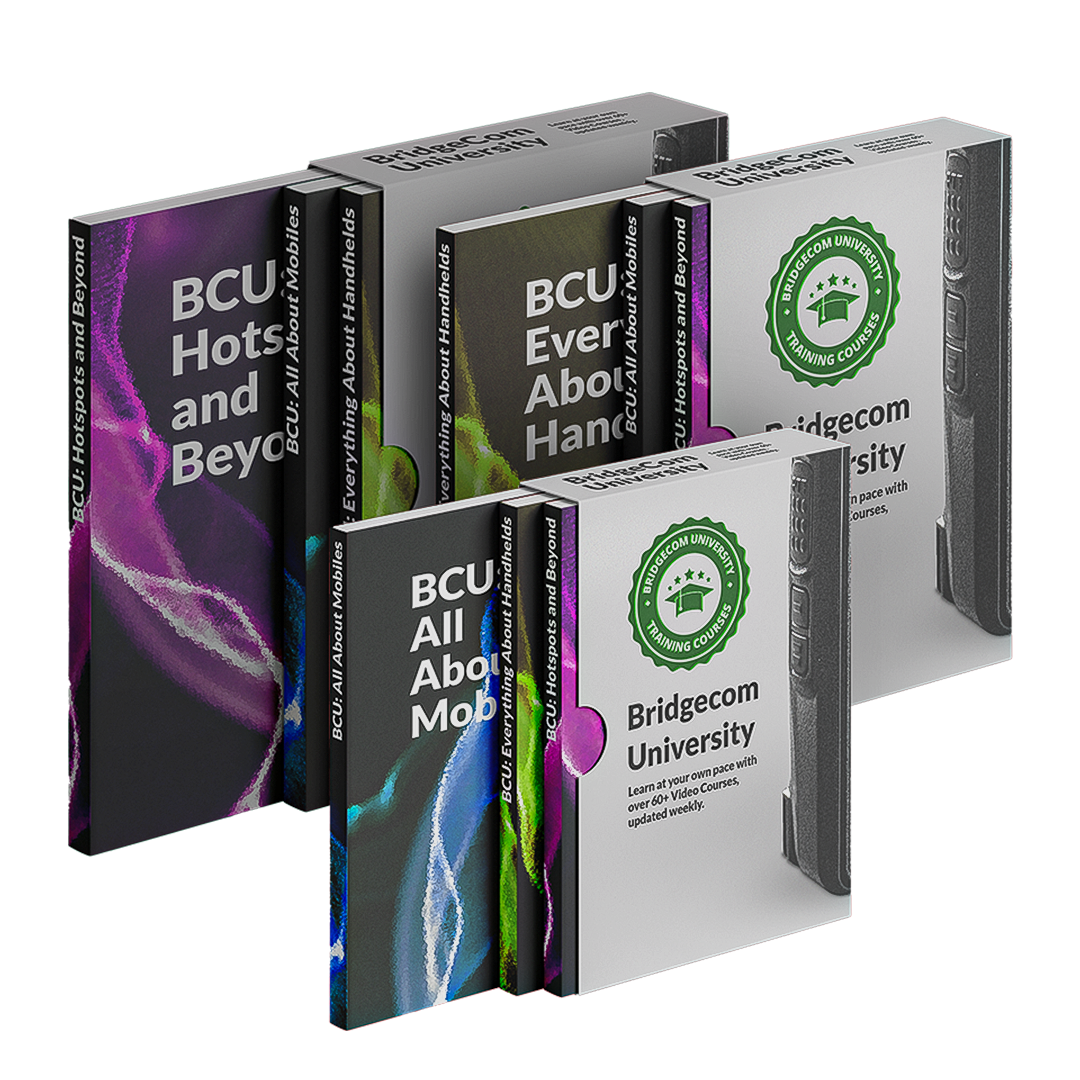 Five book-like boxes with colorful abstract designs and text including “BCU Hotspots and Beyond,” “BCU All About Mobiles,” “BCU Everything About Handhelds,” and “Bridgecom University Training Course.”.