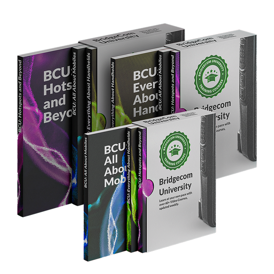 Five book-like boxes with colorful abstract designs and text including “BCU Hotspots and Beyond,” “BCU All About Mobiles,” “BCU Everything About Handhelds,” and “Bridgecom University Training Course.”.