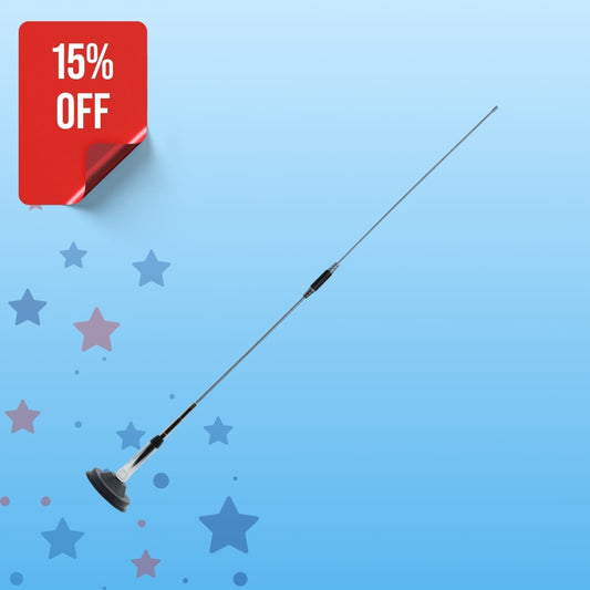 A long, thin Tri-band Antenna for AT-D578UV Series with a magnetic SO-239 mount is shown on a light blue background with star shapes. A red "15% OFF" sticker appears in the corner—ideal for AT-D578UVIII Plus DMR radios.