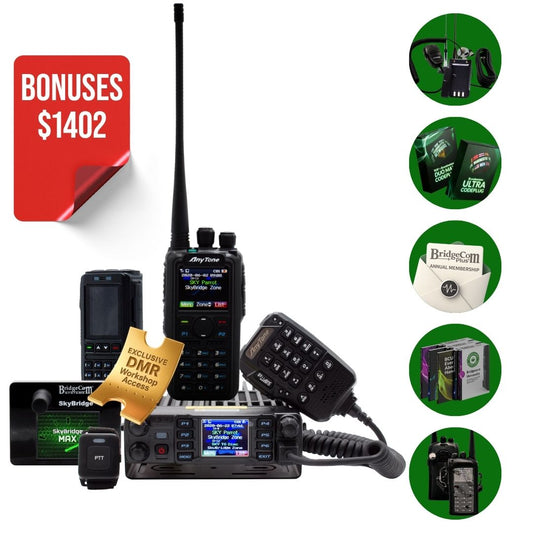 The Ultimate Ham Shack Pack includes handheld radios, a microphone, cables, antenna, programming devices, instruction manuals, and a “BridgeCom Programming” badge—everything you need for your ham radio setup.