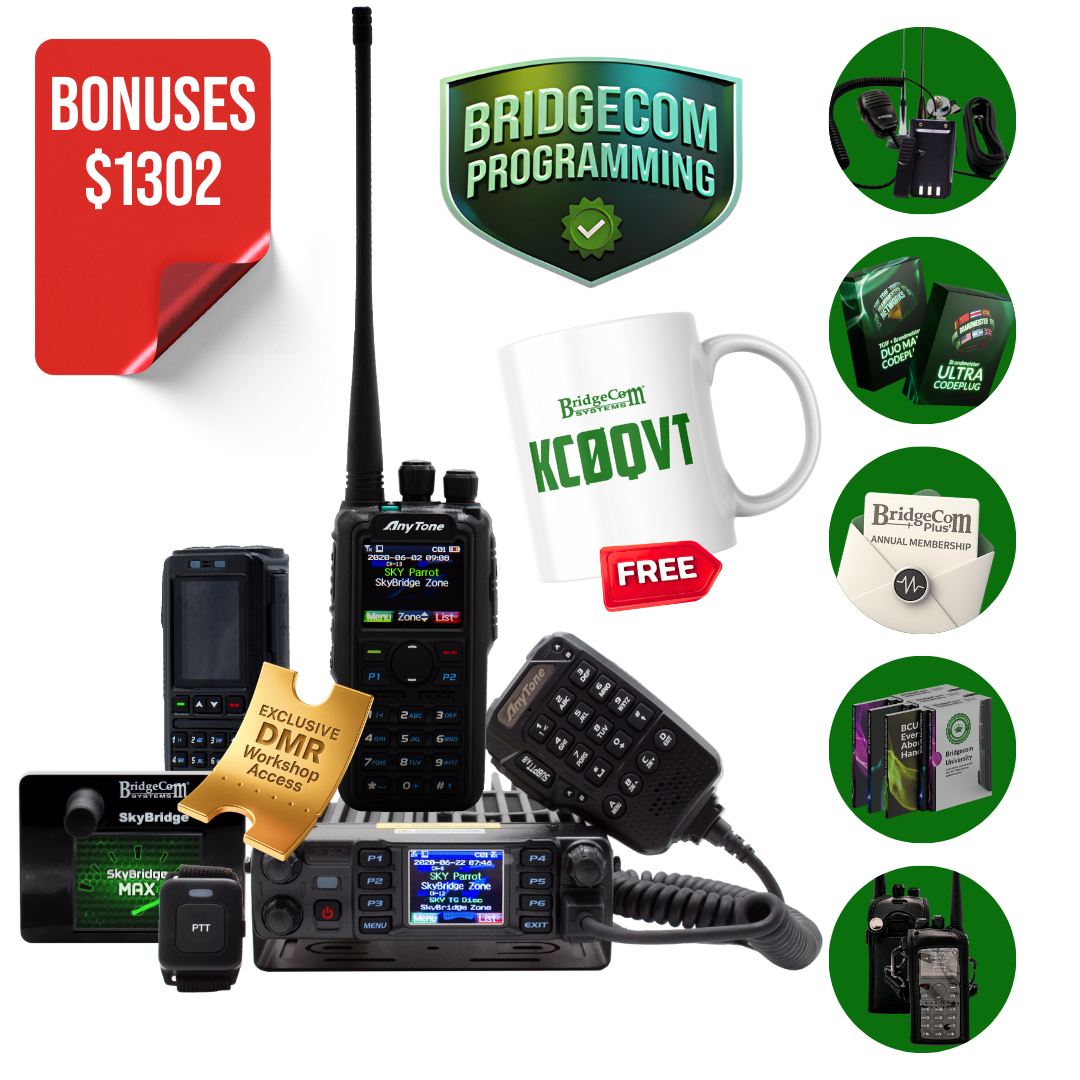 A collage showcases The Ultimate Ham Shack Pack, featuring Ham Radio and DMR Radio gear, accessories, a "KC0QVT" mug, BridgeCom Programming badges, $1302 in bonuses, radios, headsets, and membership cards.