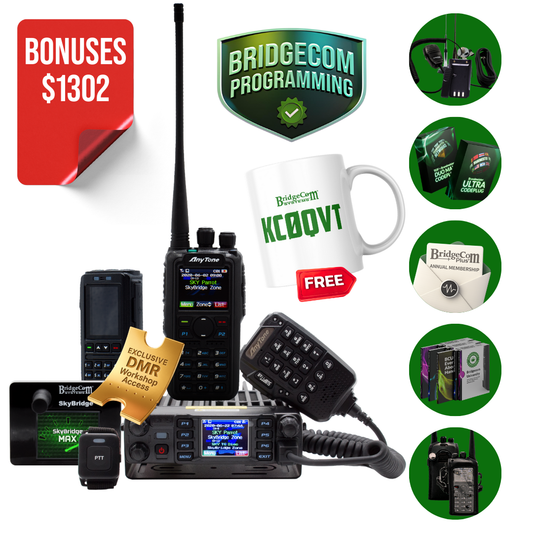 A collage showcases The Ultimate Ham Shack Pack, featuring Ham Radio and DMR Radio gear, accessories, a "KC0QVT" mug, BridgeCom Programming badges, $1302 in bonuses, radios, headsets, and membership cards.
