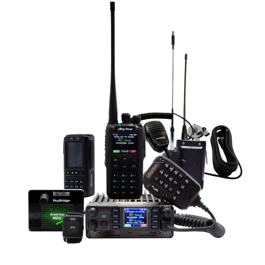 The Ultimate Ham Shack Pack, featuring handheld radios, a DMR mobile radio with mic, antennas, keypad mic, cables, and a SkyBridge hotspot device, is arranged together on a white background.
