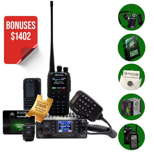 The Ultimate Ham Shack Pack includes handheld radios, a microphone, cables, antenna, programming devices, instruction manuals, and a “BridgeCom Programming” badge—everything you need for your ham radio setup.