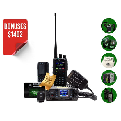 The Ultimate Ham Shack Pack includes handheld radios, a microphone, cables, antenna, programming devices, instruction manuals, and a “BridgeCom Programming” badge—everything you need for your ham radio setup.