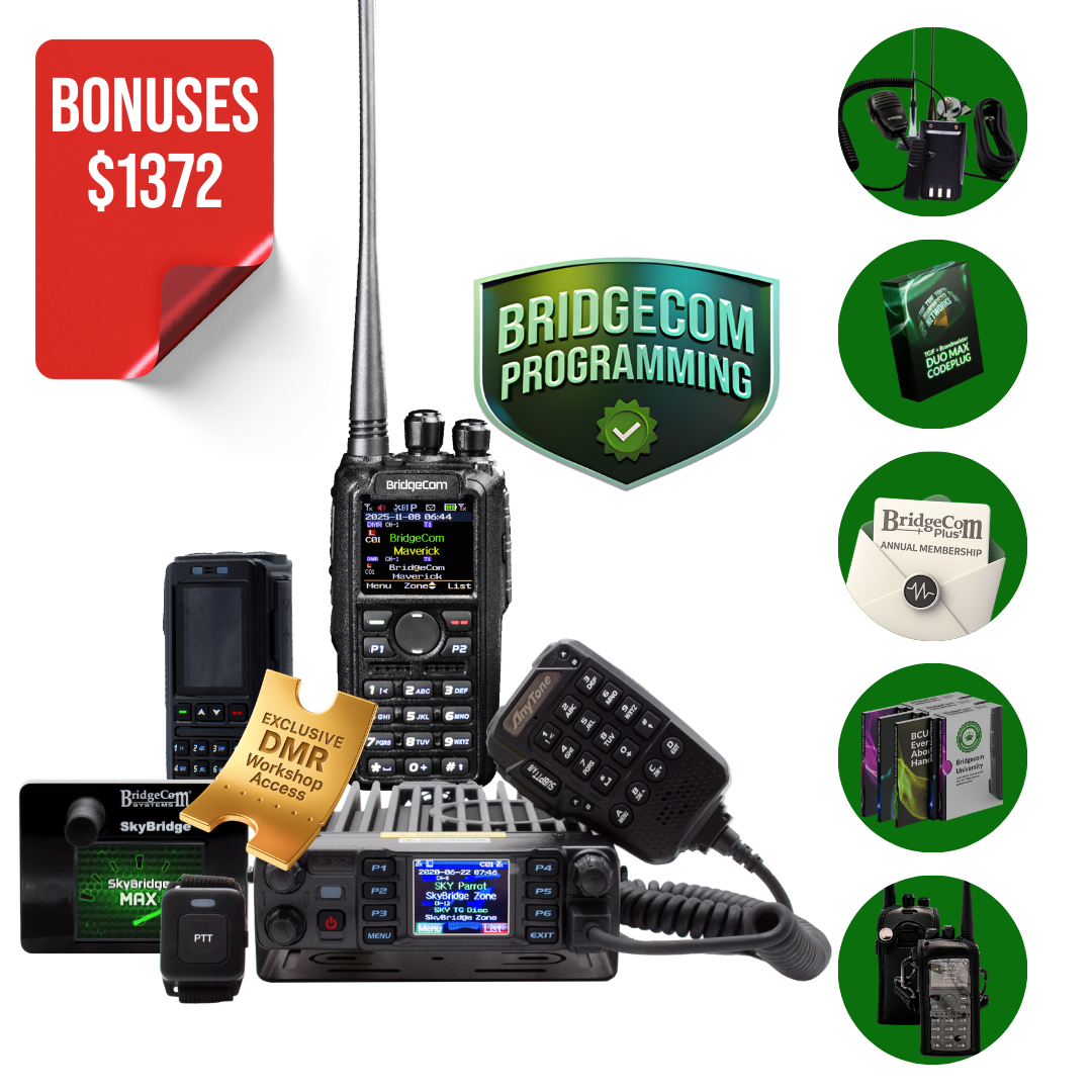 Set of radio communication devices with bonuses worth $1372 and programming information displayed.
