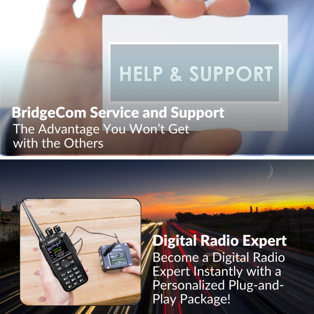 Top: A hand holds a card with "HELP & SUPPORT." Bottom: A person uses ham radio gear with a walkie-talkie, city lights behind. Text spotlights the Ultimate Hamshack Pack and $291 in FREE training—highlighting BridgeCom’s digital radio expertise.