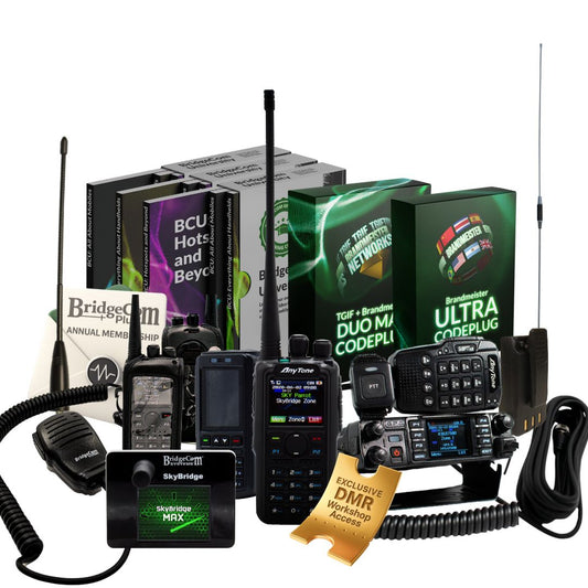 The Ultimate Ham Shack Pack includes handheld radios, a microphone, cables, antenna, programming devices, instruction manuals, and a “BridgeCom Programming” badge—everything you need for your ham radio setup.