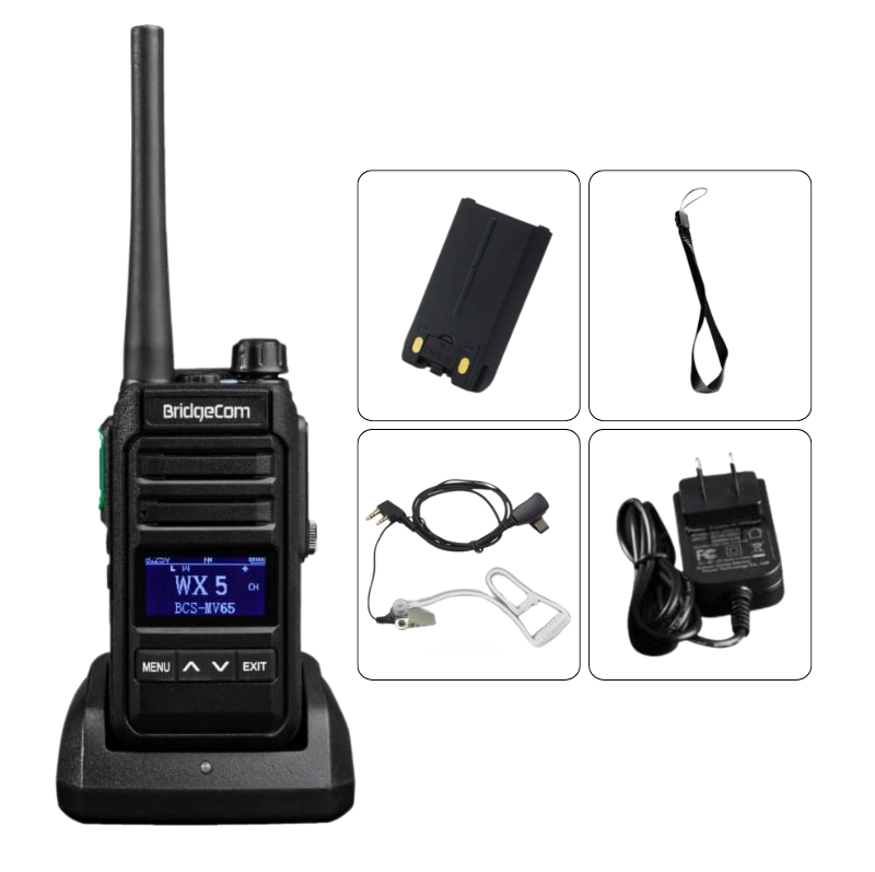The BridgeCom MV-65 License FREE Business Radio is shown on its charging dock with battery, wrist strap, earpiece, and power adapter arranged neatly on a white background.