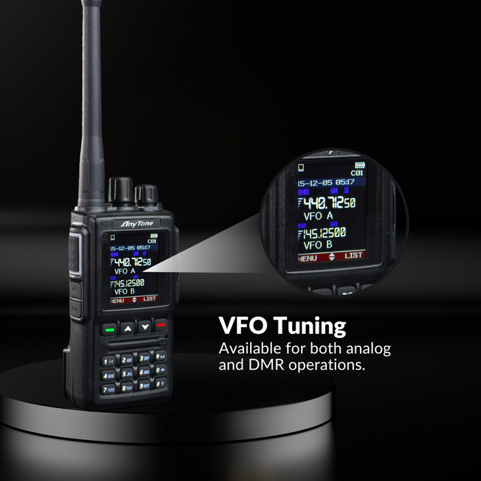 A NEW! 168 Plug and Play Package Deal handheld AnyTone AT-D168UV radio on a black circular stand displays VFO A/B settings and frequency on its screen, with text: "VFO Tuning available for both analog and DMR operations.