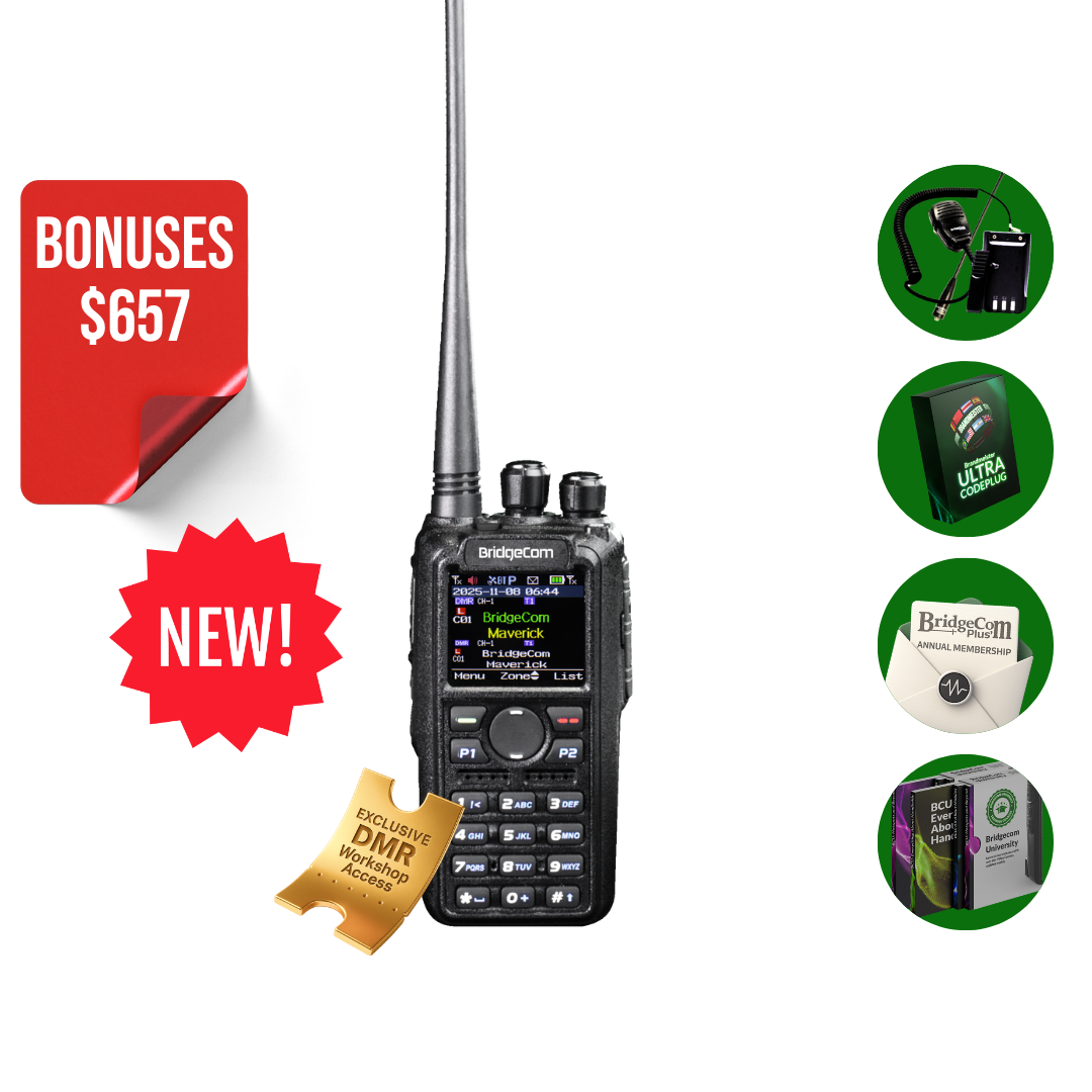 The Maverick Emergency Pack features a handheld two-way HT radio with display, keypad, and whip antenna. Labels highlight "$657 BONUSES" and "NEW!" Plus, get four bonus items and an exclusive DMR ID card for the ultimate emergency bundle.