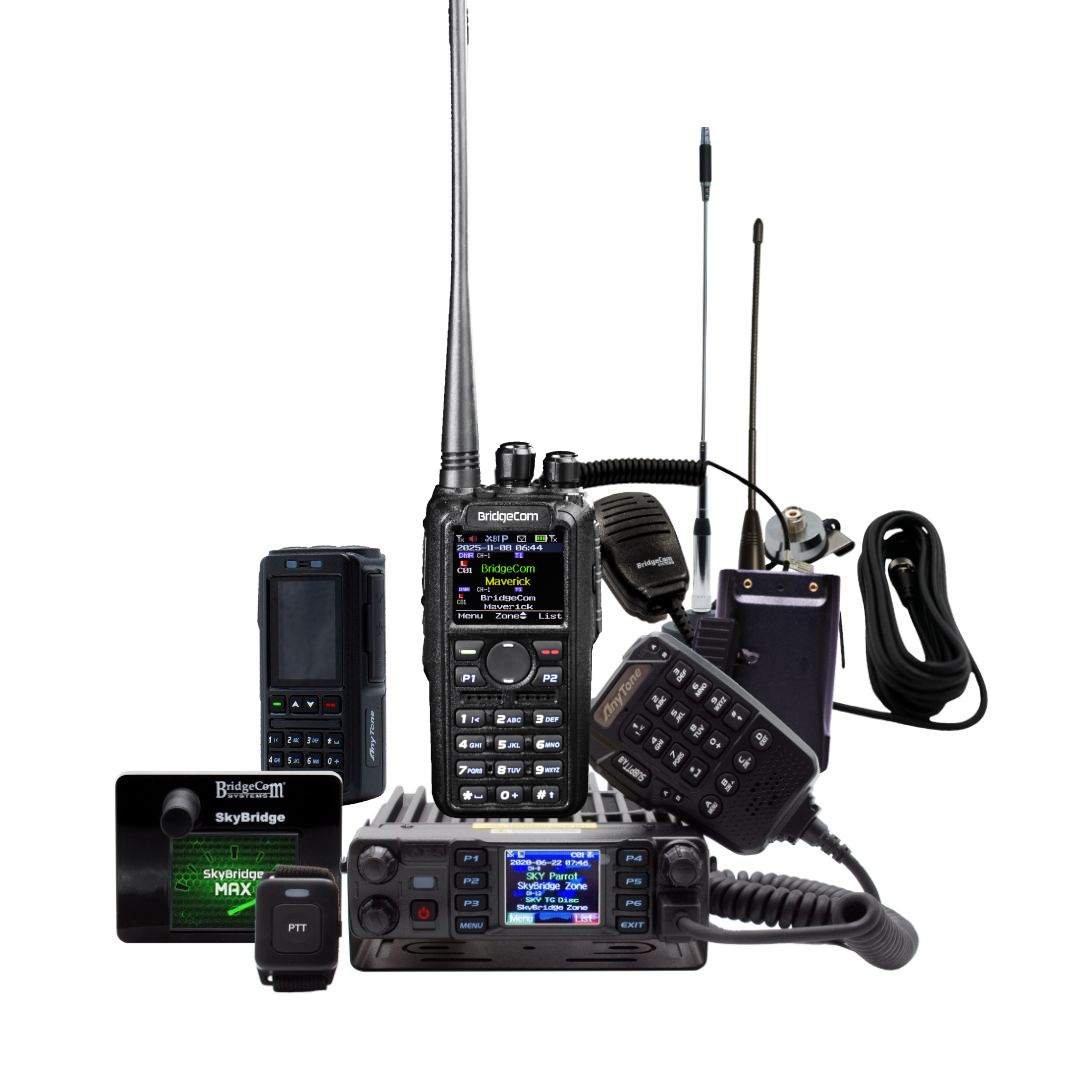 The Ultimate Ham Shack Pack, featuring handheld radios, a DMR mobile radio with mic, antennas, keypad mic, cables, and a SkyBridge hotspot device, is arranged together on a white background.