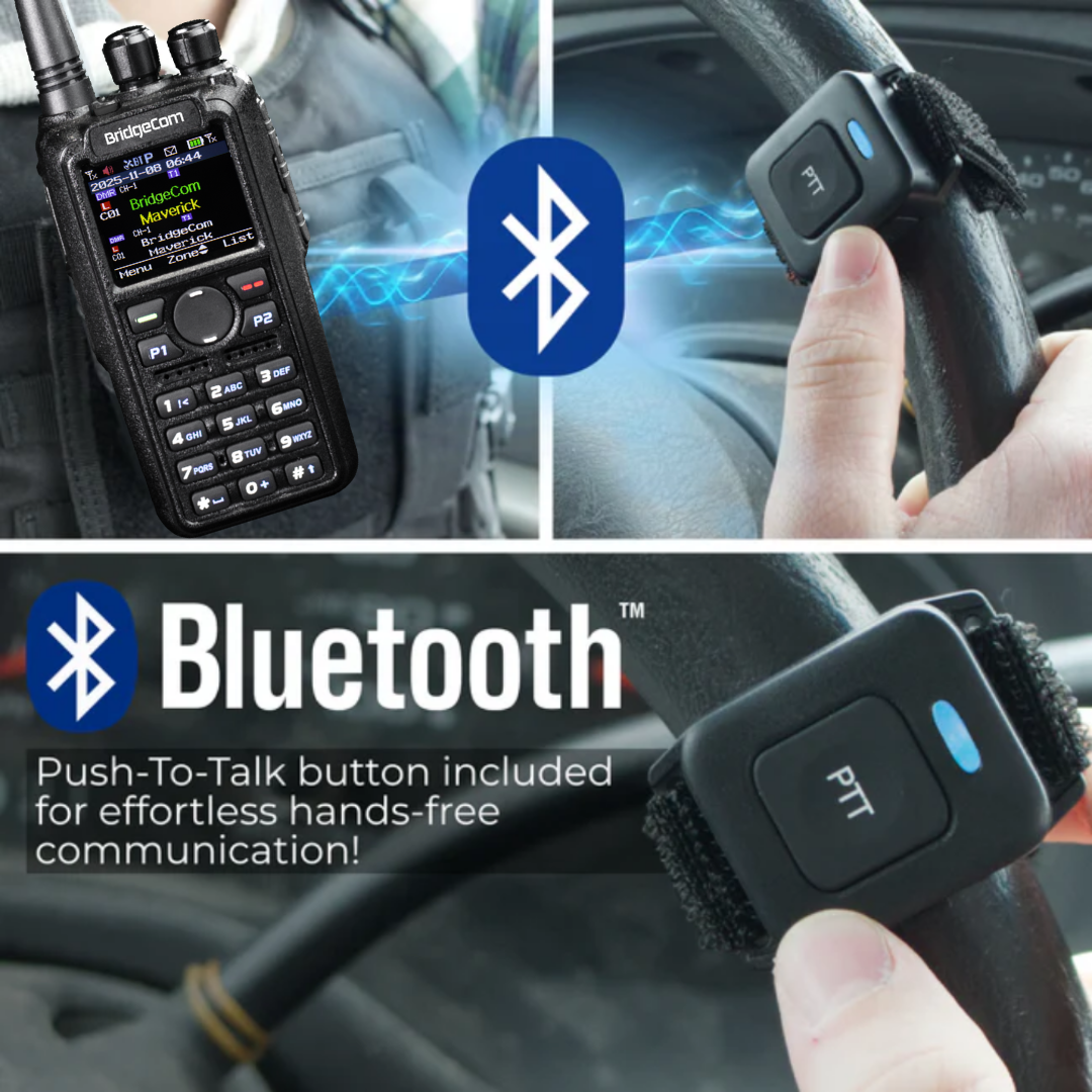 Collage of the Ultimate Hamshack Pack with $291 in FREE Training, featuring a radio transceiver, PTT Bluetooth button on a steering wheel, and Bluetooth logo—highlighting hands-free communication with modern ham radio gear.