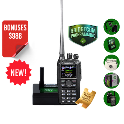 The BridgeCom Maverick DMR Plug and Play Package features pre-programmed accessories, bonus items valued at $988, and is marked “NEW!”. Images display programming kits, a warranty card, and a digital mode activation card.