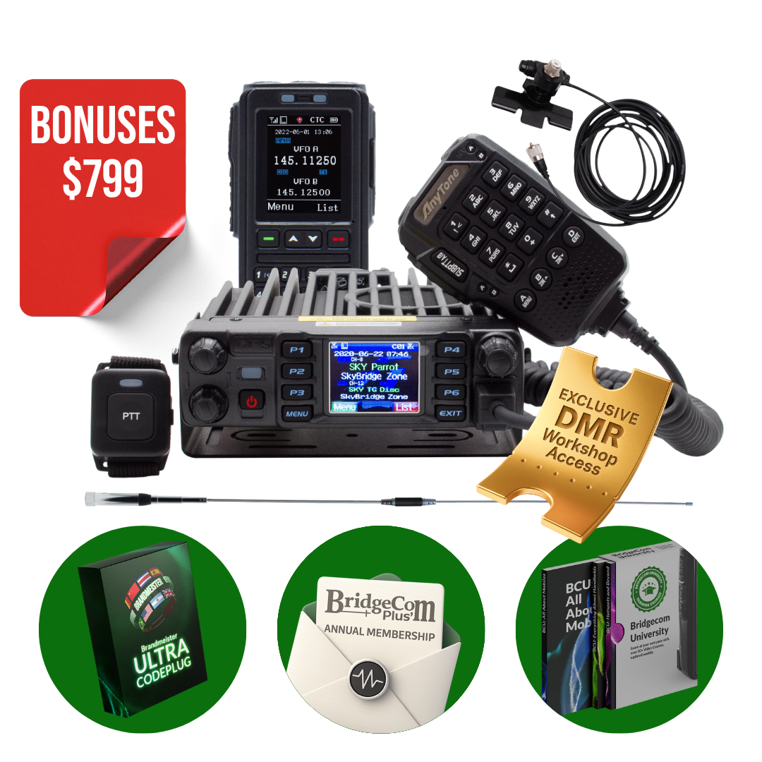 AnyTone AT-D578UVIII Plus Mobile Deal includes a handheld radio, AT-D578UVIII Mobile Radio, Bluetooth Speaker Mic, earpiece, antenna, cables, workshop access, guides, membership & DMR mobile accessories.